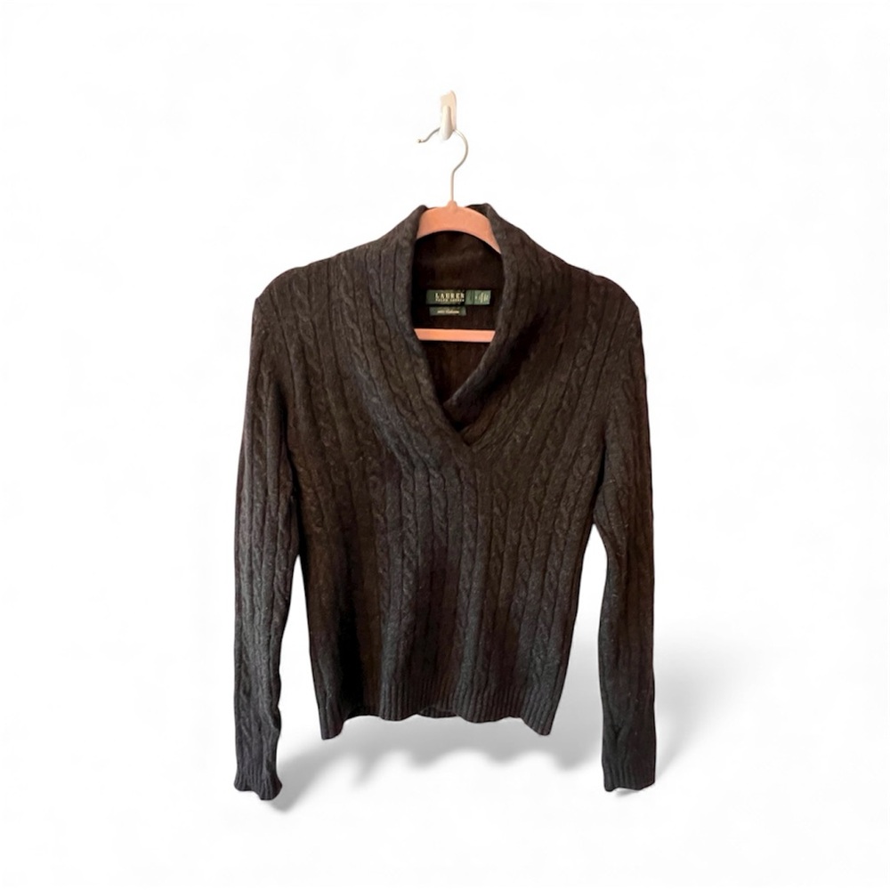RALPH LAUREN Cashmere V Neck Cable Knit Charcoal Grey Sweater Sz Small